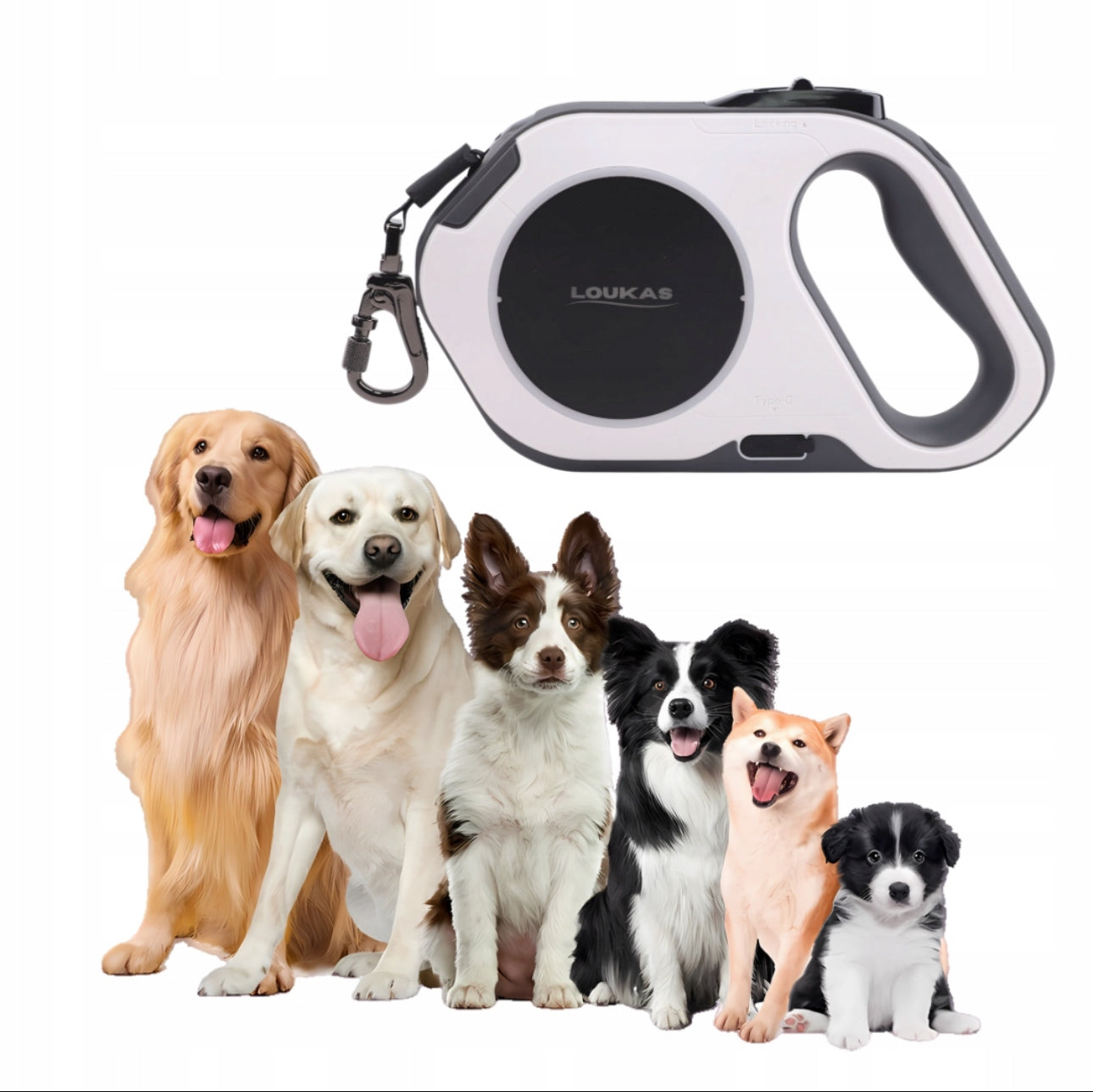 Automatisk opprullbar hundesnor i hvit og sort med LED-lys og lommelykt, 5 meter lengde, tåler opptil 50 kg, laget av slitesterk ABS-plast og nylonbånd – perfekt for trygge kveldsturer med store hunder.