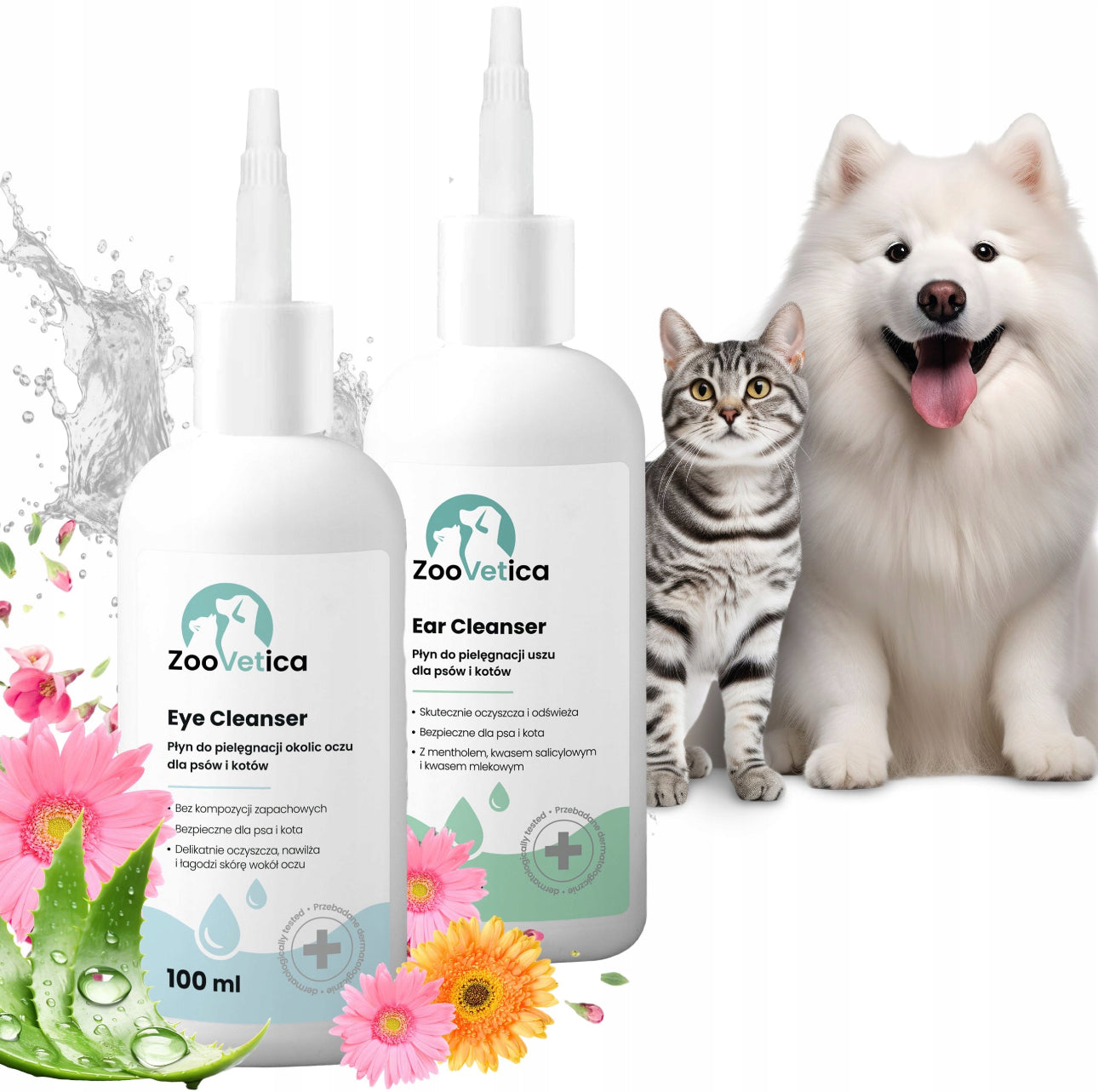 ZooVetica øyerens og ørerens for hund og katt – 2 x 100 ml flasker, hvit plastemballasje, mild og naturlig formel med aloe vera, kamille og mentol – trygg daglig pleie