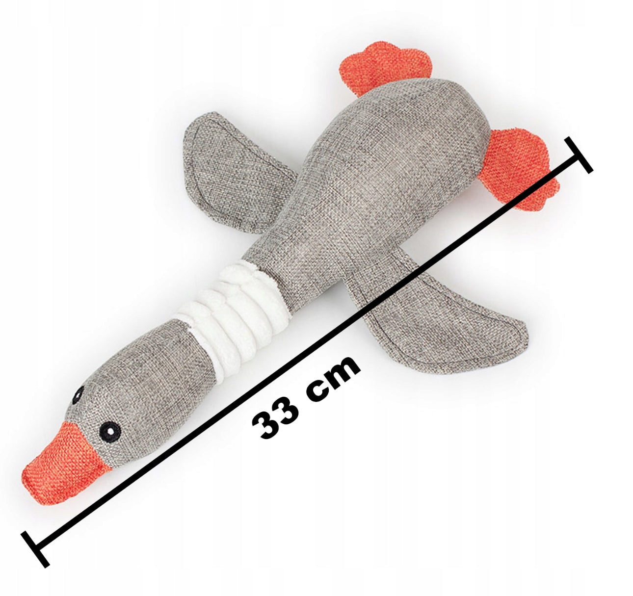 Myk hundeleke formet som and i grå og oransje farger, 33 cm lang, laget av slitesterkt stoff og plysjmateriale med pipelyd – perfekt for små og mellomstore hunder.