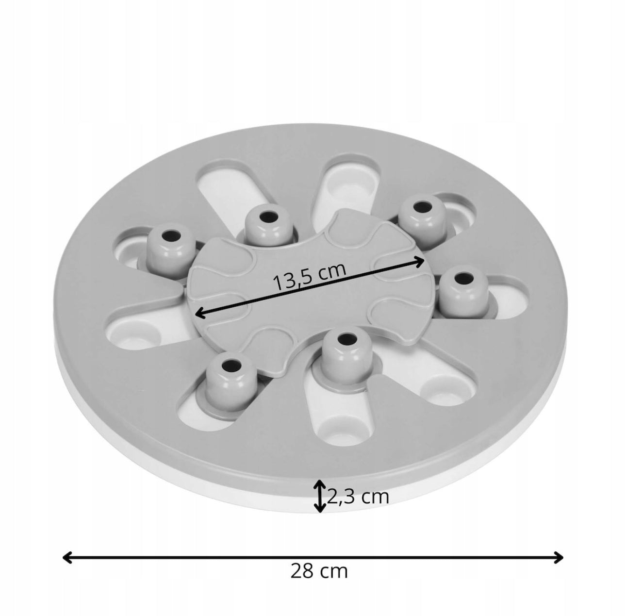 Interaktiv hundepuzzle for mental trening og langsom spising. Farge: grå/hvit. Materiale: slitesterk PP-plast. Størrelse: 28 cm i diameter, 3,5 cm høy. Antiskli-bunn for stabilitet. Perfekt for aktivisering og redusert overspising hos hunder.