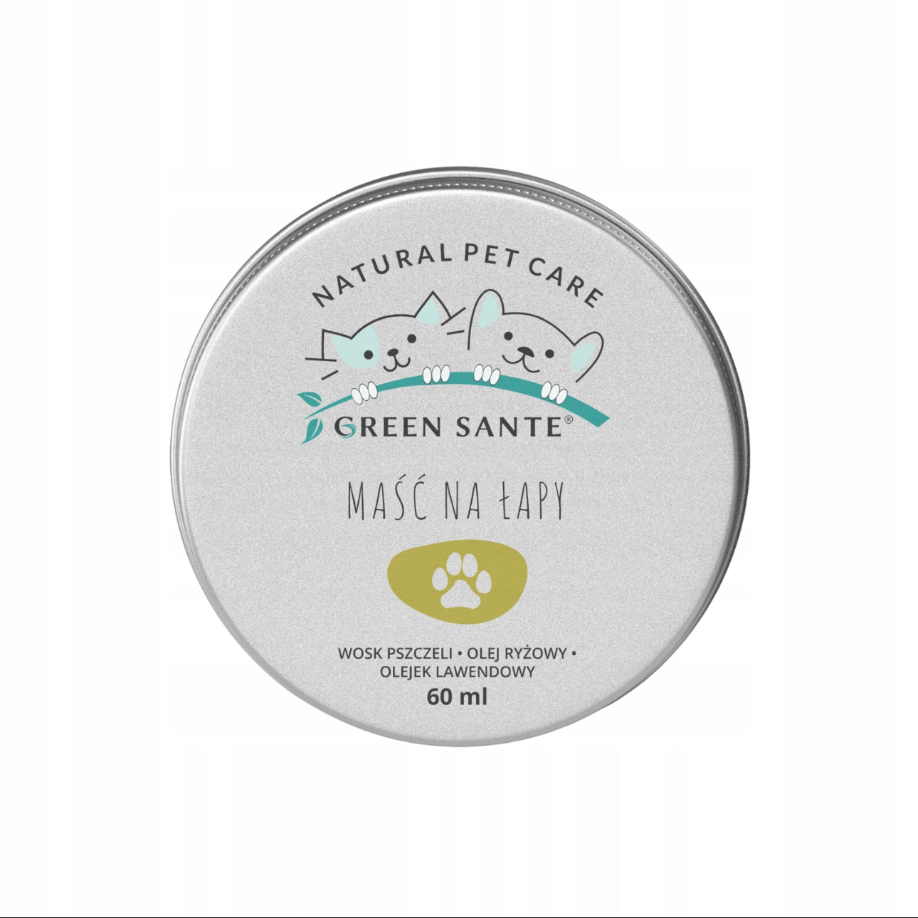 Green Sante naturlig potesalve 60 ml i metallboks – med bivoks, risolje og lavendelolje – sølvfarget boks med grønn og svart etikett – ideell for hunder og katter året rundt.