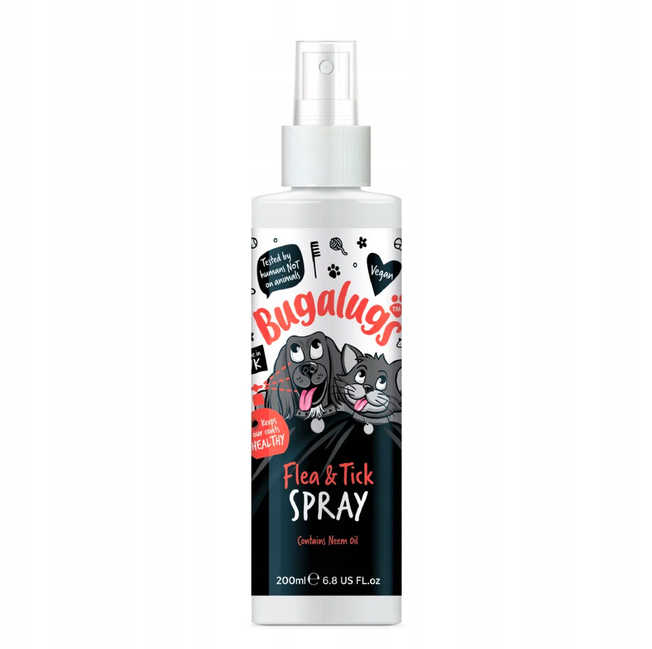 Bugalugs Flea & Tick spray 200 ml i hvit flaske med spraydyse – naturlig vegansk loppe- og flåttmiddel for hund og katt, med neemolje – svart og hvit design med tegnet hund og katt på etiketten.