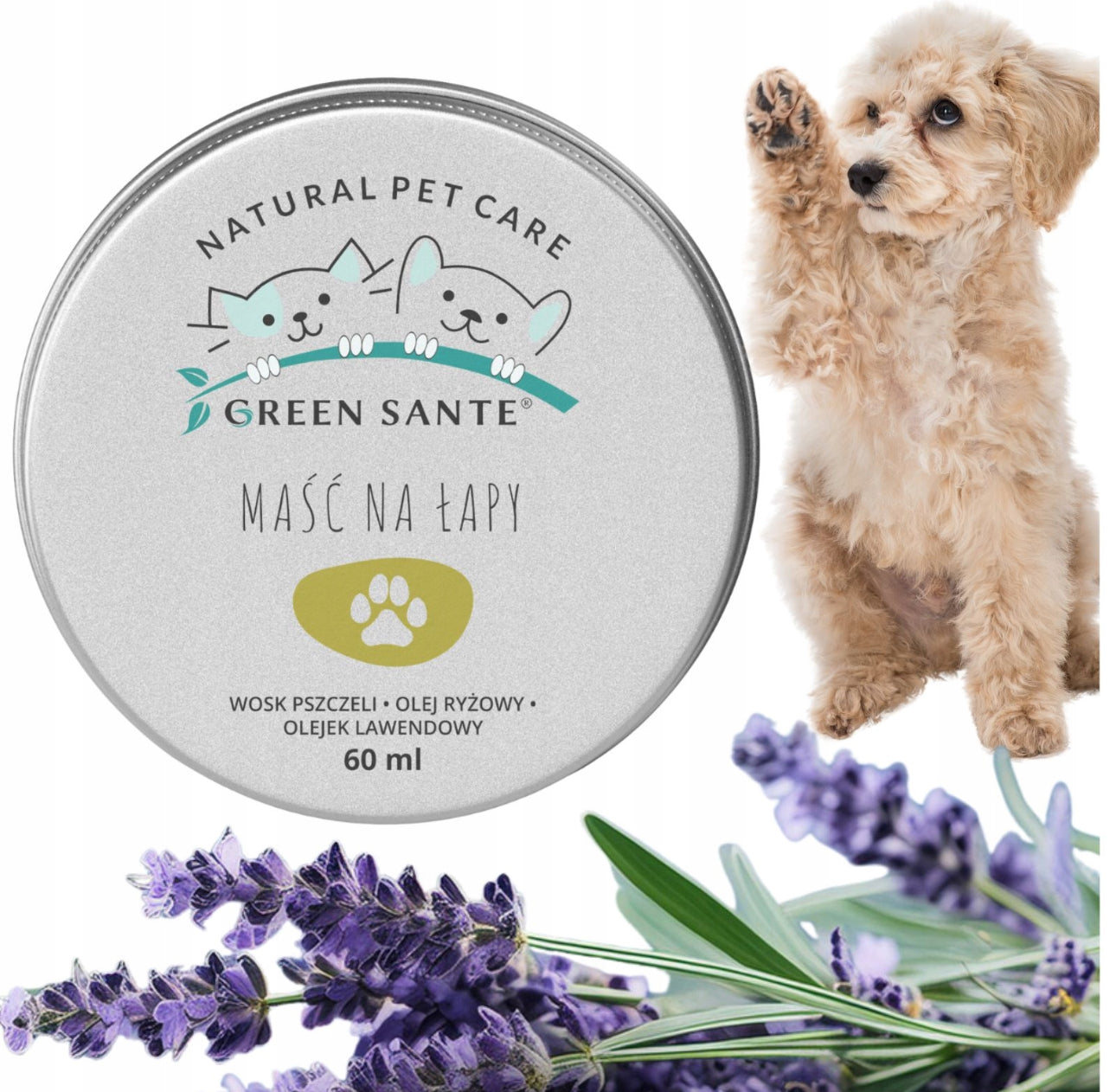 Green Sante naturlig potesalve 60 ml i metallboks – med bivoks, risolje og lavendelolje – sølvfarget boks med grønn og svart etikett – ideell for hunder og katter året rundt.