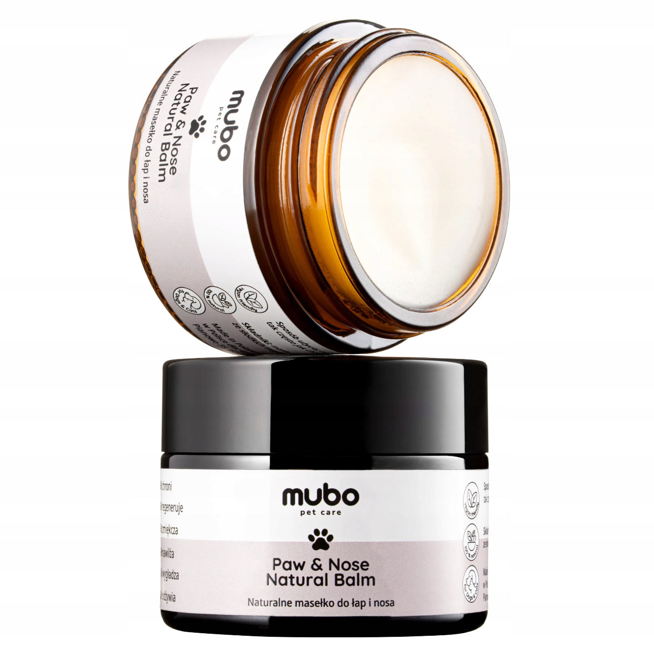 Mubo Paw & Nose Natural Balm 50g i brun glasskrukke med svart lokk – naturlig balm for poter og snute laget av sheasmør, mango butter og planteoljer – vegansk, trygg for hund og katt.