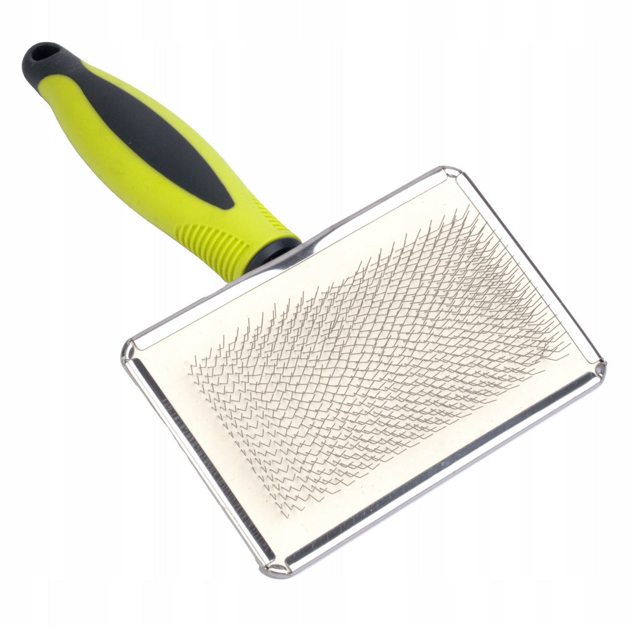 Stor børste for hund og katt i svart og limegrønn farge, laget av rustfritt stål og plast med ergonomisk gummihåndtak – 20 cm lang, perfekt for fjerning av løse hår og floker.