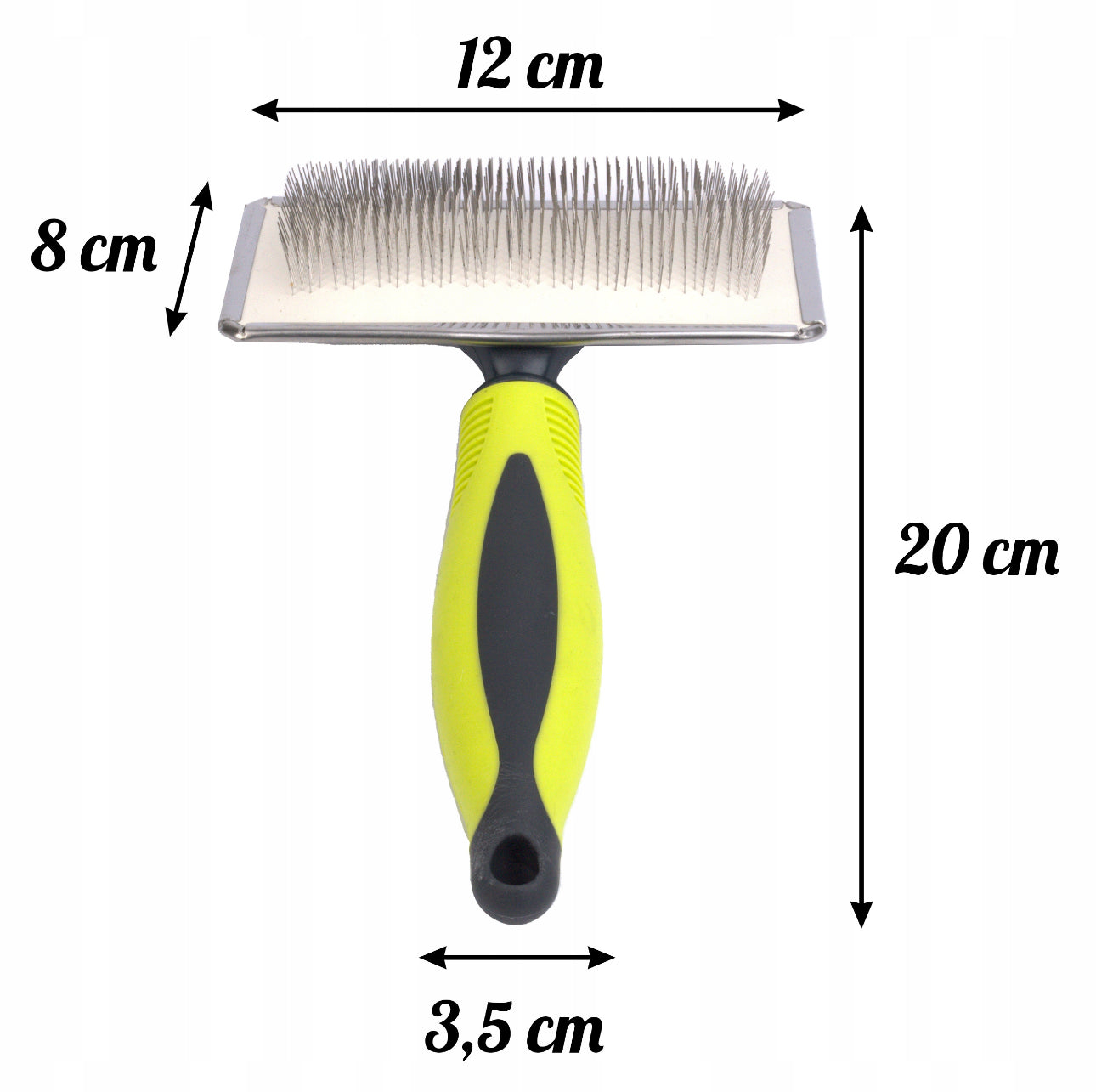Stor børste for hund og katt i svart og limegrønn farge, laget av rustfritt stål og plast med ergonomisk gummihåndtak – 20 cm lang, perfekt for fjerning av løse hår og floker.