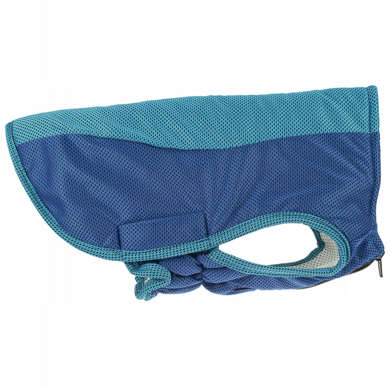 Kjølevest for hund i blått mesh-stoff, tilgjengelig i størrelse Small og Medium, pustende materiale, perfekt for varme sommerdager.