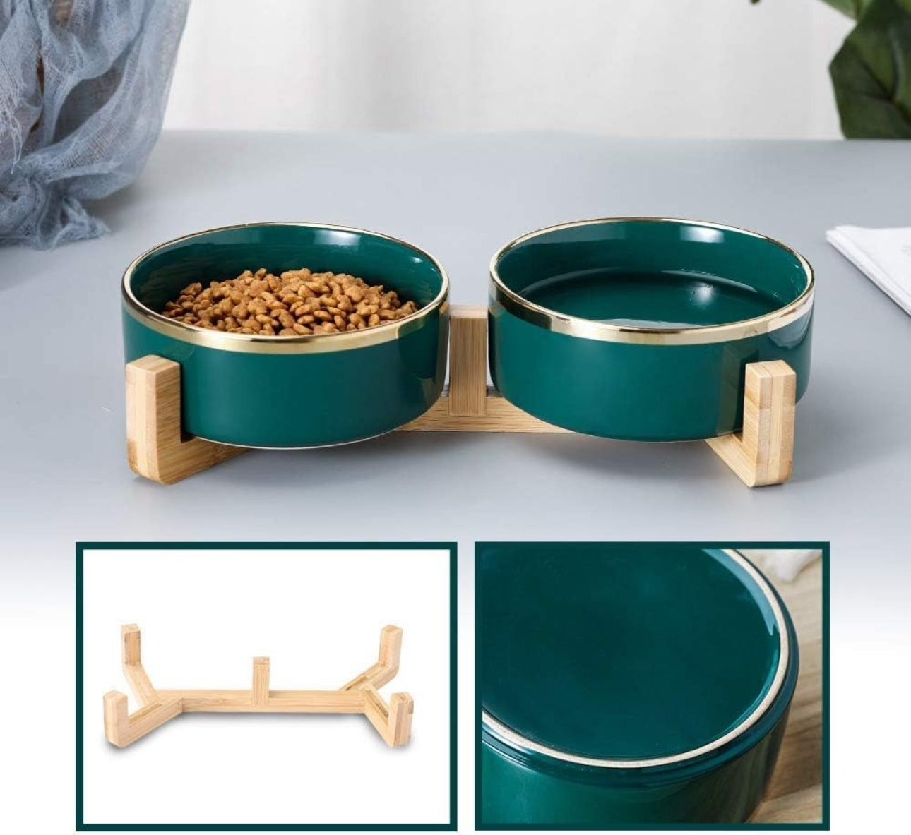 Dobbel keramisk matskål for hund og katt – 2 x 400 ml – grønn med gullkant og stativ i bambus – størrelse 28 x 13 cm – slitesterkt og hygienisk design