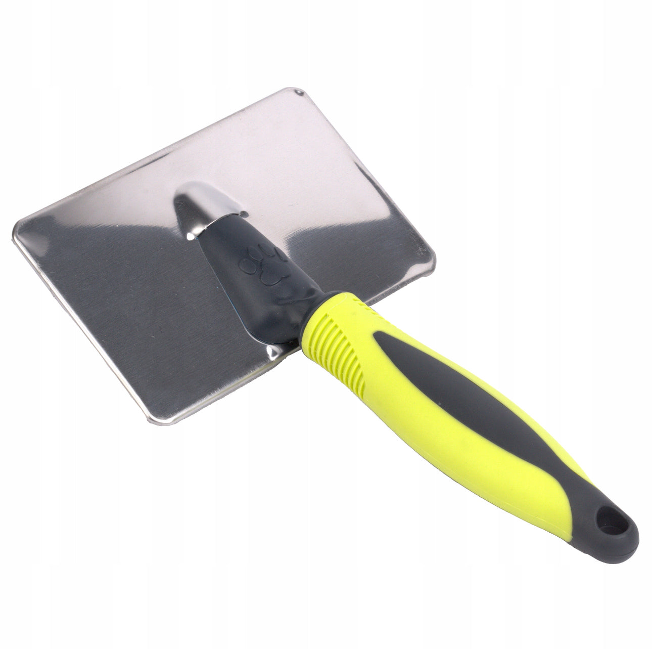 Stor børste for hund og katt i svart og limegrønn farge, laget av rustfritt stål og plast med ergonomisk gummihåndtak – 20 cm lang, perfekt for fjerning av løse hår og floker.