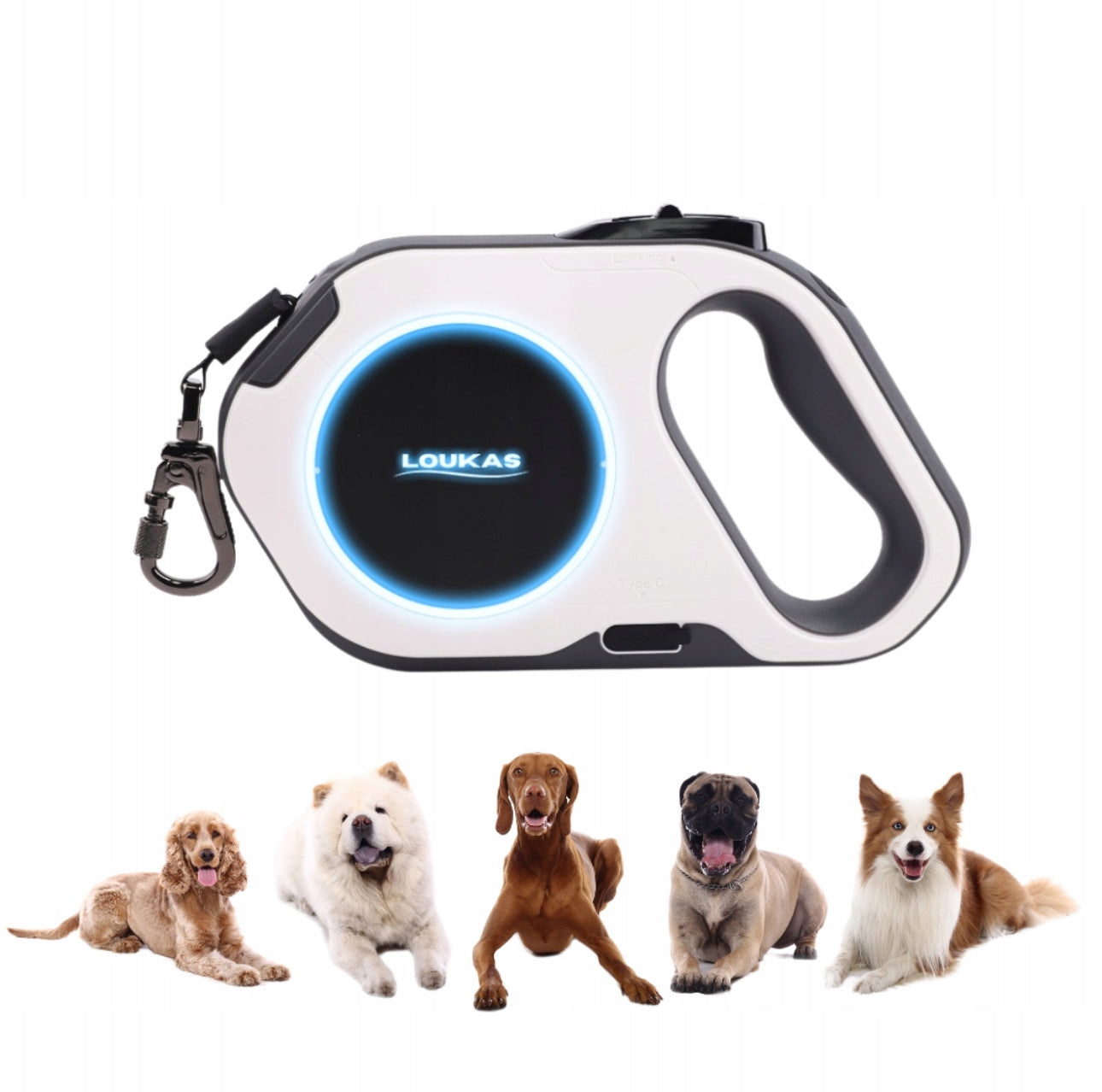 Automatisk opprullbar hundesnor i hvit og sort med LED-lys og lommelykt, 5 meter lengde, tåler opptil 50 kg, laget av slitesterk ABS-plast og nylonbånd – perfekt for trygge kveldsturer med store hunder.