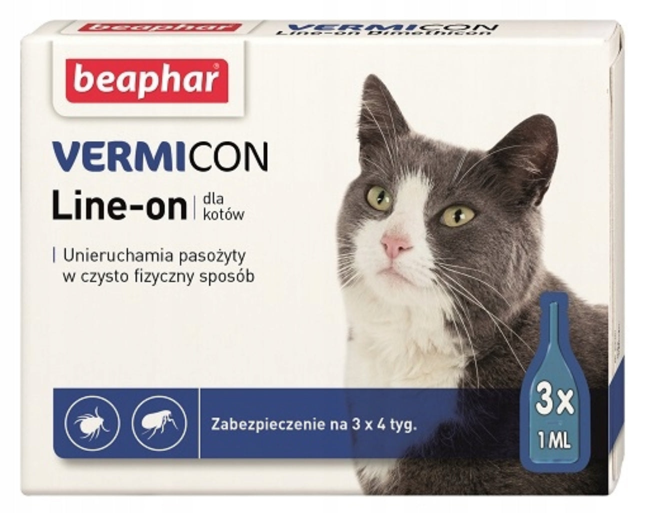 Beaphar Vermicon Line-on for katt – 3 x 1 ml spot-on dråper mot lopper og flått, trygg og naturlig beskyttelse uten kjemikalier, med pleiende aloe vera og mild sitrusduft