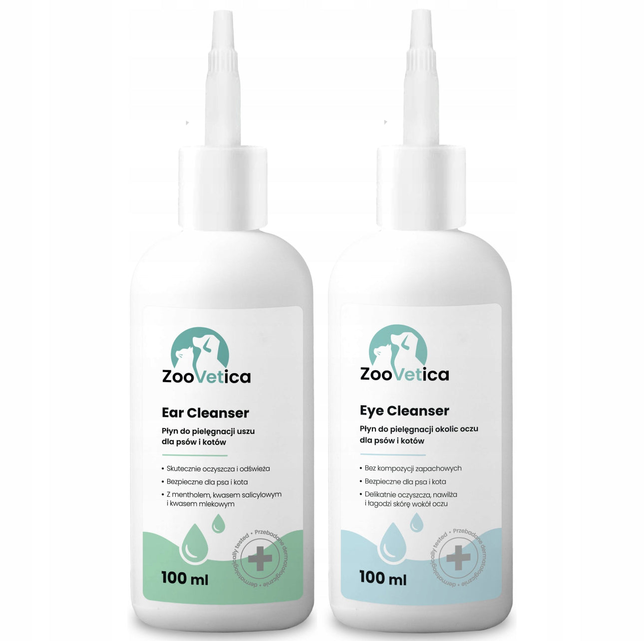 ZooVetica øyerens og ørerens for hund og katt – 2 x 100 ml flasker, hvit plastemballasje, mild og naturlig formel med aloe vera, kamille og mentol – trygg daglig pleie