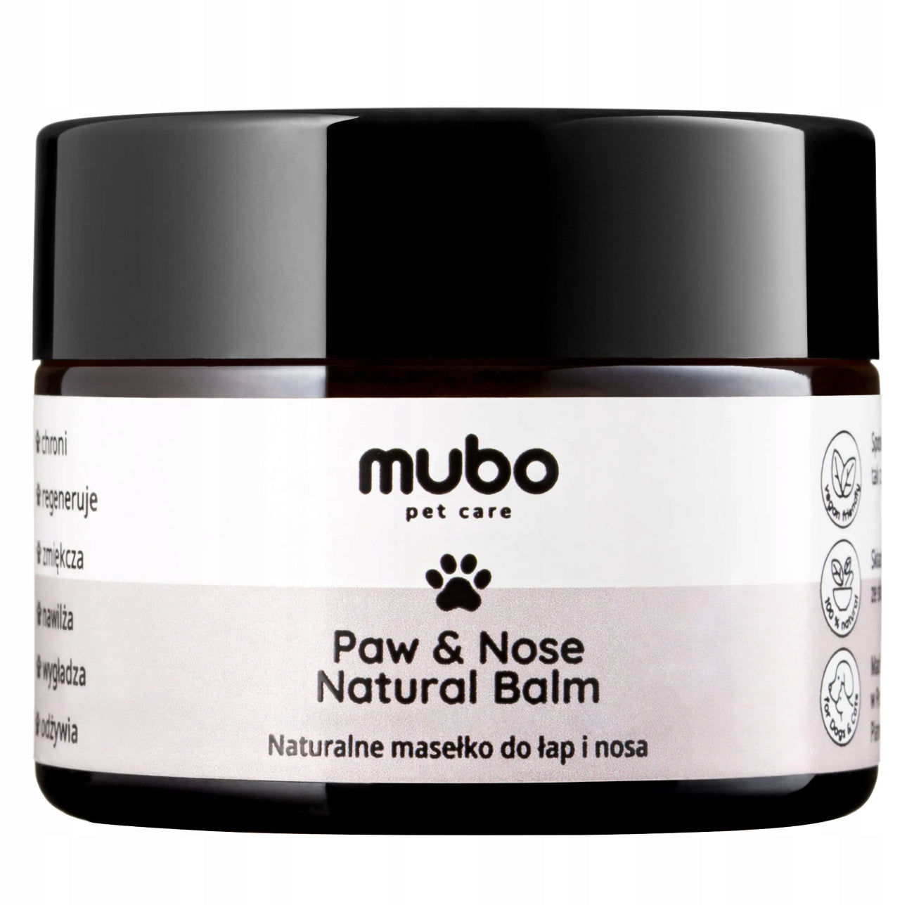 Mubo Paw & Nose Natural Balm 50g i brun glasskrukke med svart lokk – naturlig balm for poter og snute laget av sheasmør, mango butter og planteoljer – vegansk, trygg for hund og katt.