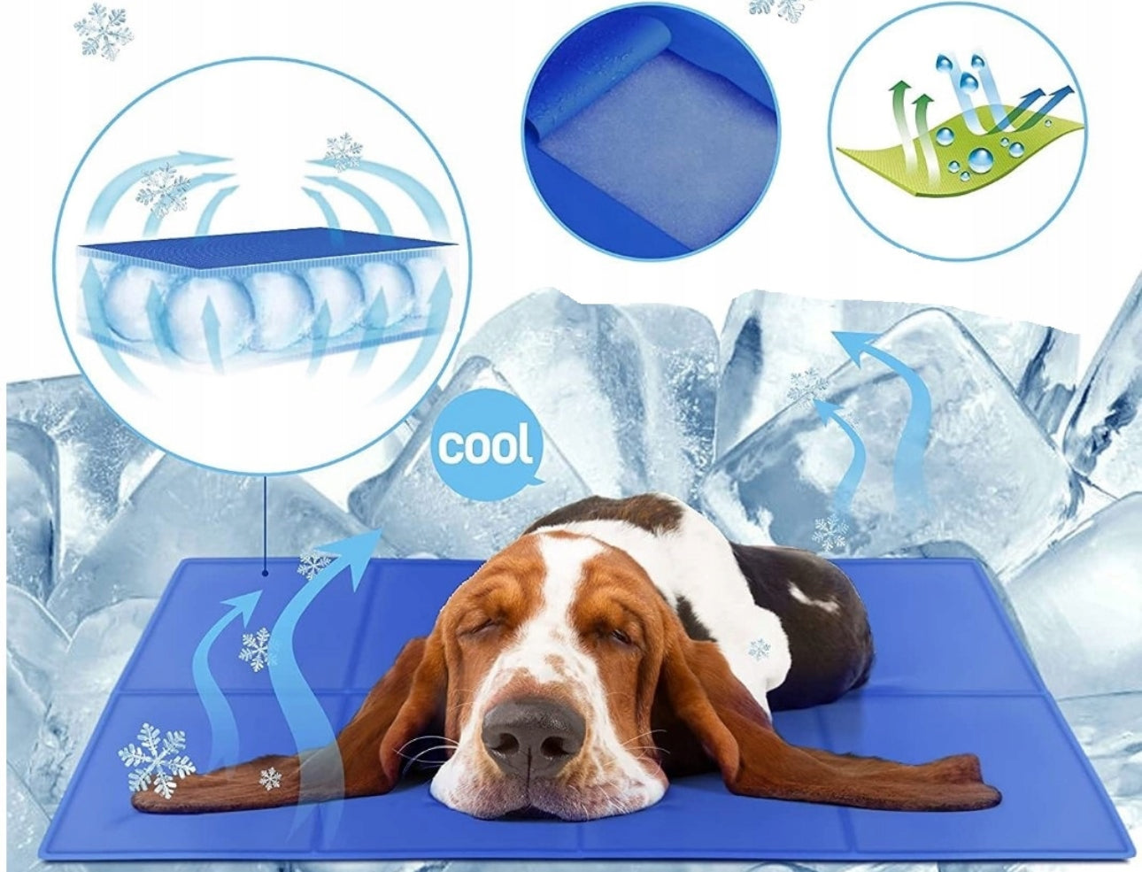 Kjølematte for hund og katt 110x70 cm i blått polyester med medisinsk gel, sammenleggbar og vannavstøtende – perfekt for sommerens varme dager.