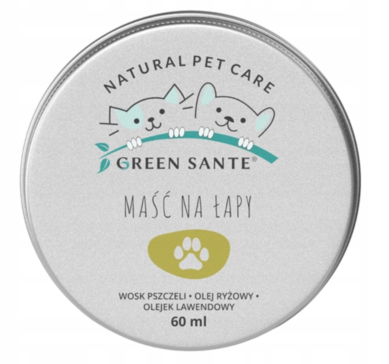 Green Sante naturlig potesalve 60 ml i metallboks – med bivoks, risolje og lavendelolje – sølvfarget boks med grønn og svart etikett – ideell for hunder og katter året rundt.