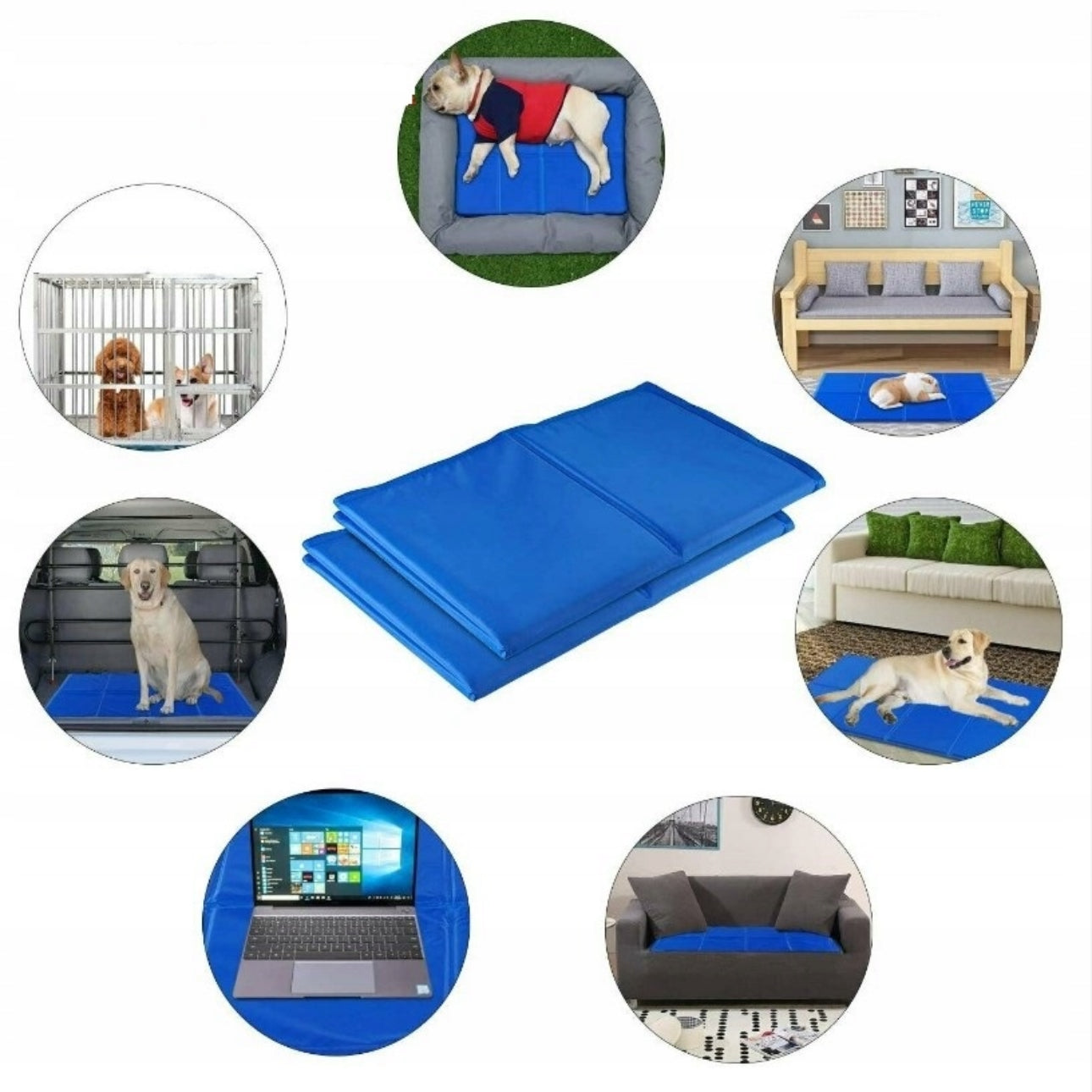 Kjølematte for hund og katt 110x70 cm i blått polyester med medisinsk gel, sammenleggbar og vannavstøtende – perfekt for sommerens varme dager.