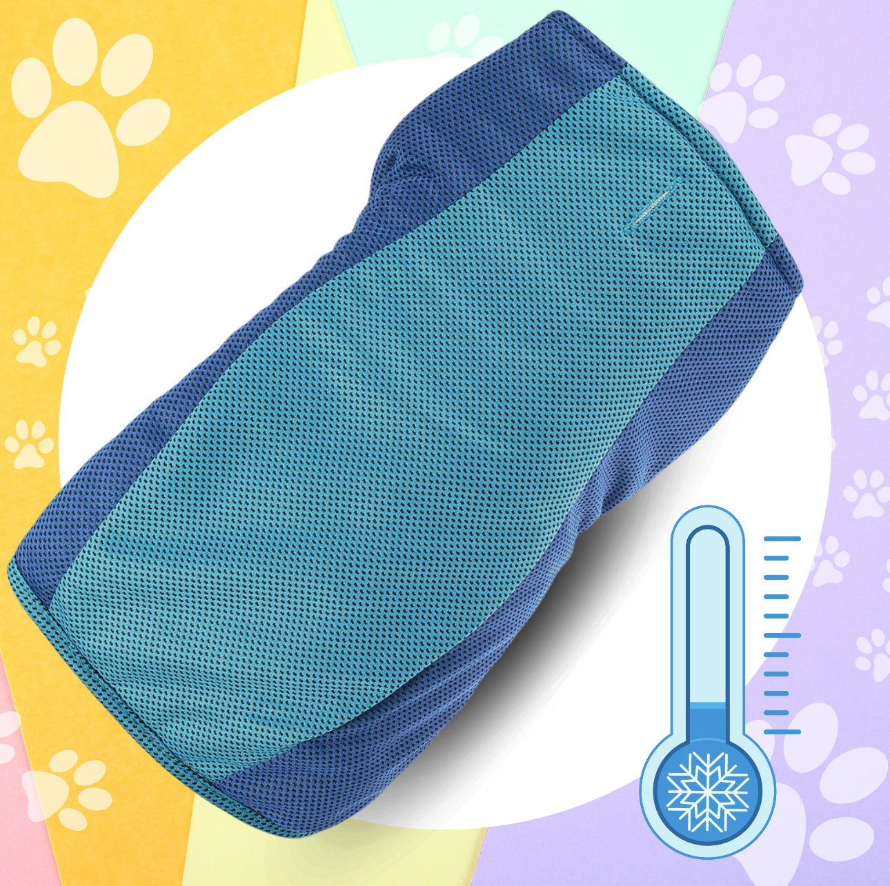 Kjølevest for hund i blått mesh-stoff, tilgjengelig i størrelse Small og Medium, pustende materiale, perfekt for varme sommerdager.