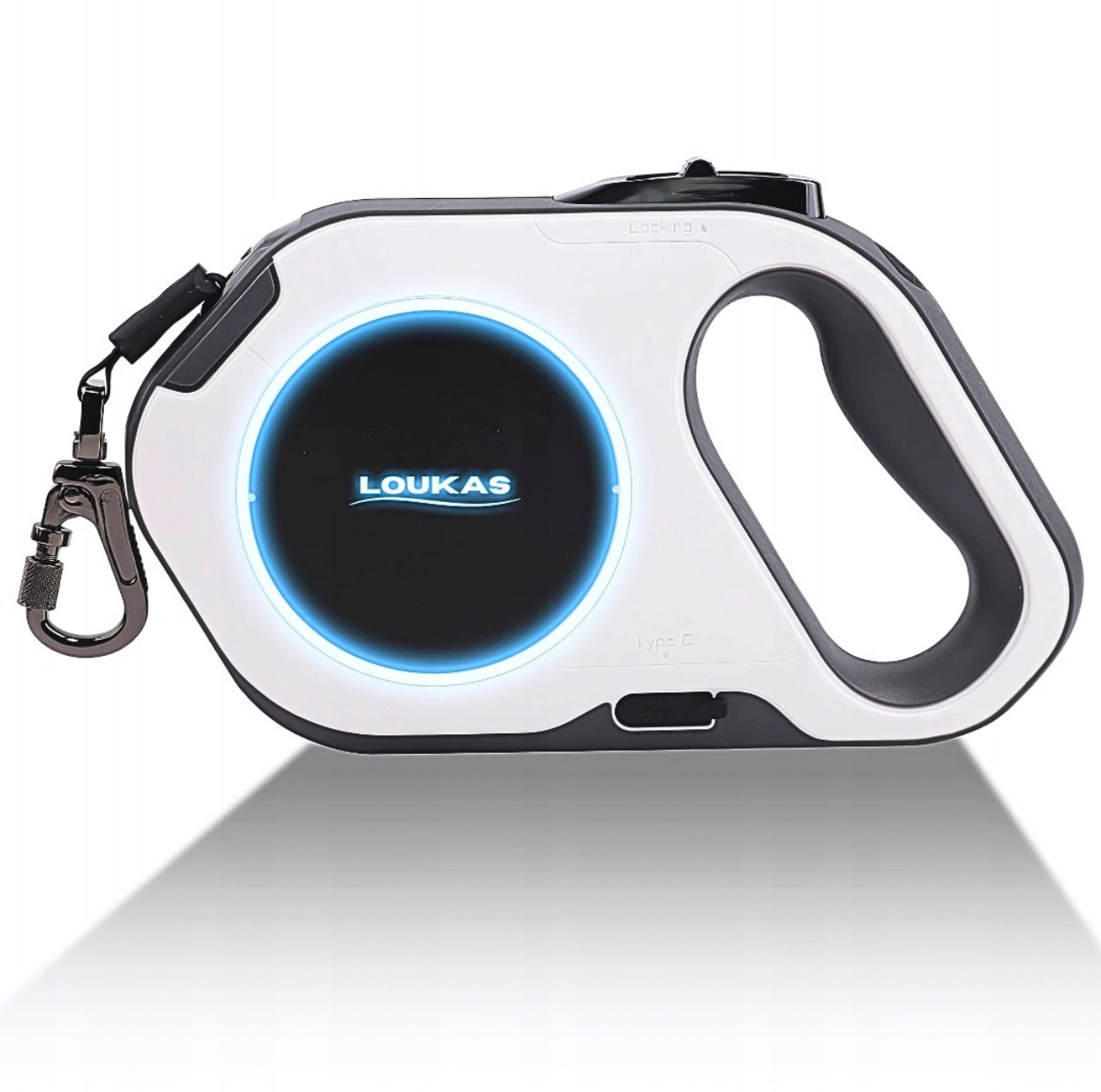 Automatisk opprullbar hundesnor i hvit og sort med LED-lys og lommelykt, 5 meter lengde, tåler opptil 50 kg, laget av slitesterk ABS-plast og nylonbånd – perfekt for trygge kveldsturer med store hunder.