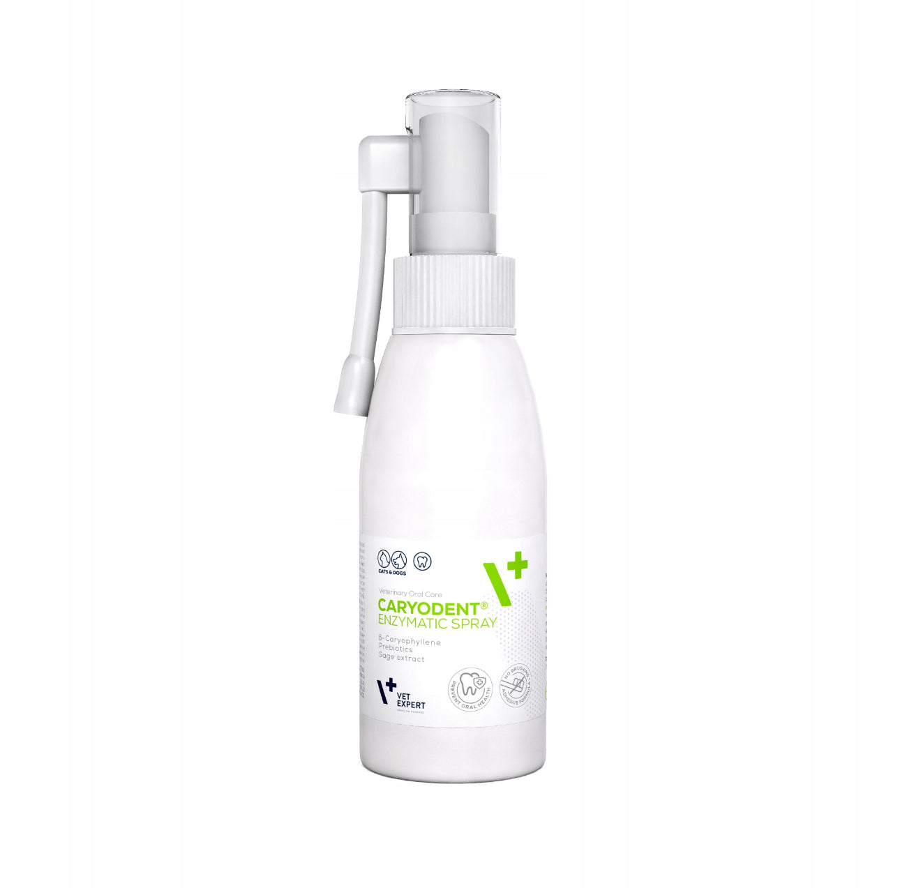 Caryodent enzymatisk munnspray for hund og katt – hvit plastflaske 50 ml med praktisk spraydyse, inneholder naturlige enzymer, prebiotika og salvieekstrakt for god munnhygiene og frisk ånde.