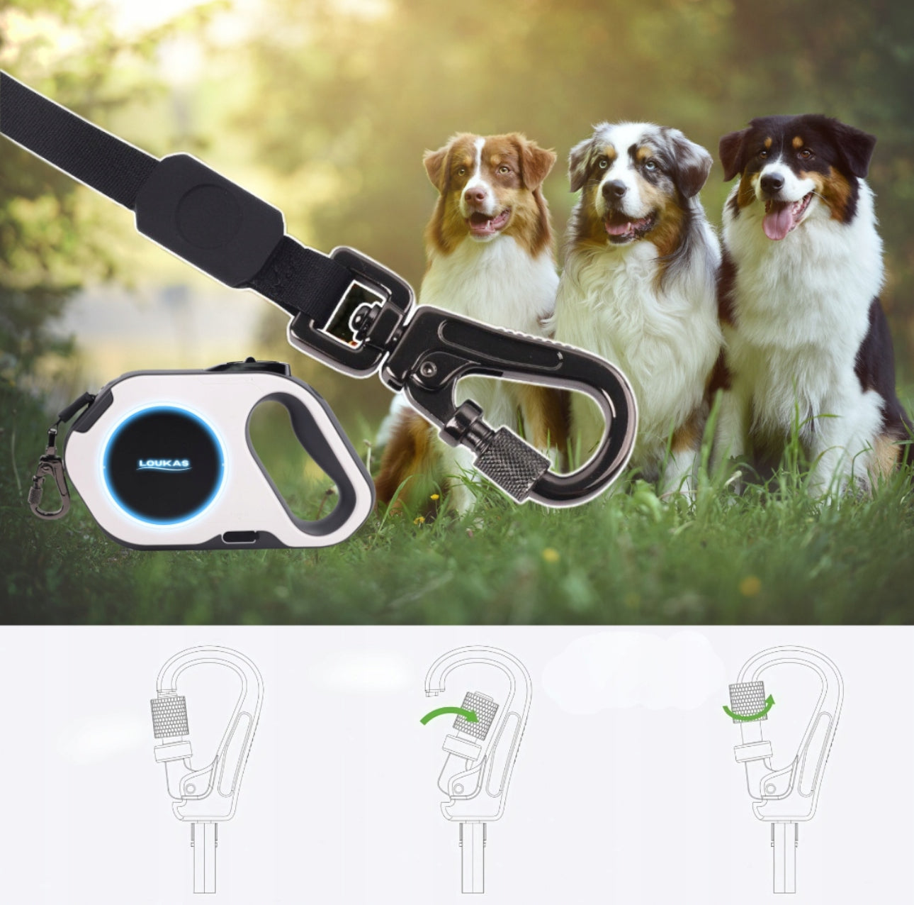 Automatisk opprullbar hundesnor i hvit og sort med LED-lys og lommelykt, 5 meter lengde, tåler opptil 50 kg, laget av slitesterk ABS-plast og nylonbånd – perfekt for trygge kveldsturer med store hunder.