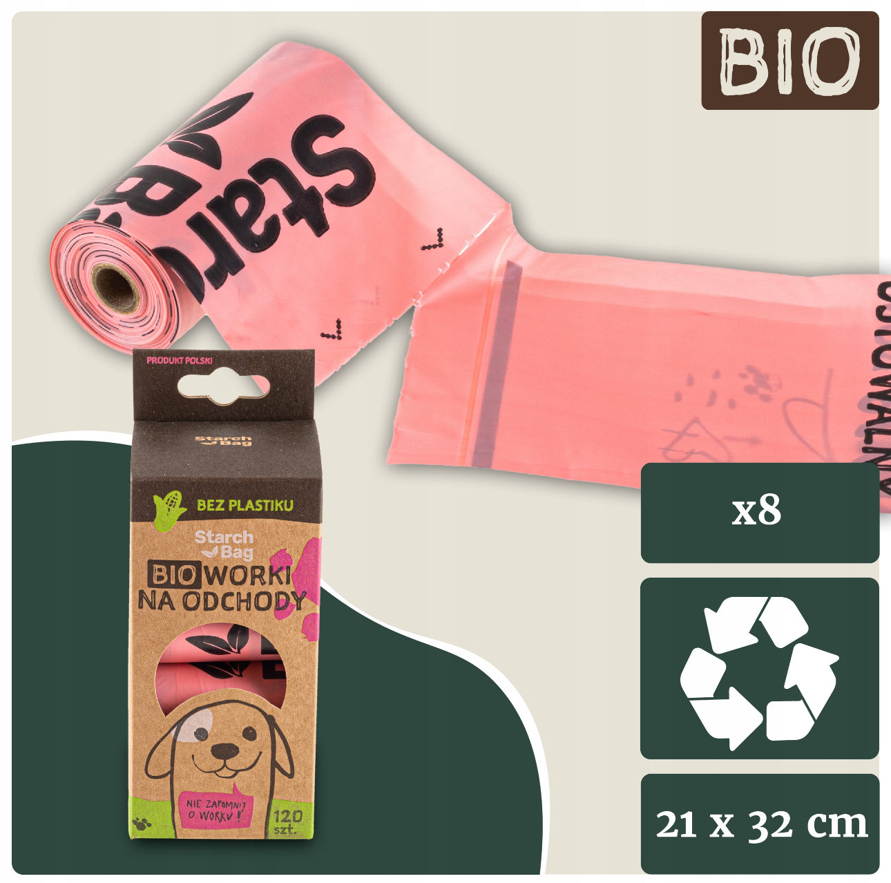 Komposterbare rosa hundeposer 21x32 cm laget av biopolymer fra maisstivelse – miljøvennlig og plastfri løsning for kjæledyrseiere.
