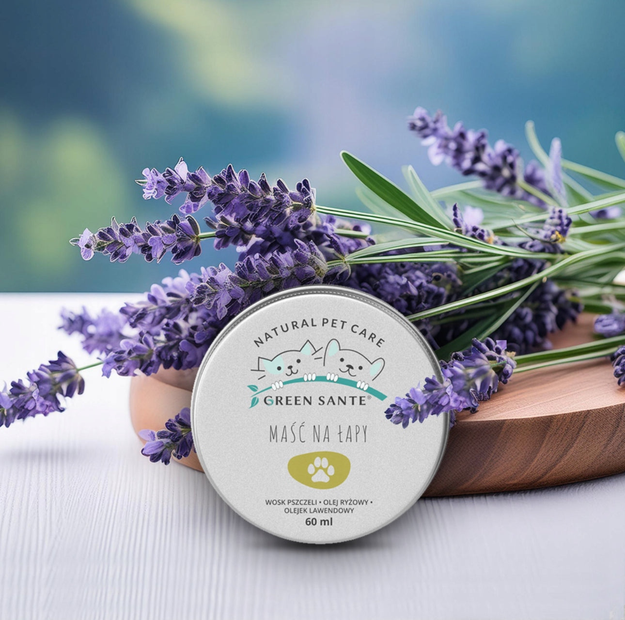Green Sante naturlig potesalve 60 ml i metallboks – med bivoks, risolje og lavendelolje – sølvfarget boks med grønn og svart etikett – ideell for hunder og katter året rundt.