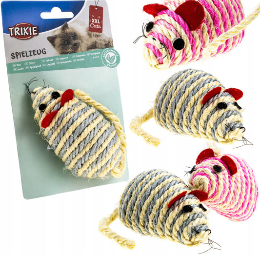 Katteleke i sisalformet mus – 10 cm lang, med bjelle og catnip. Tilgjengelig i rosa og grå farge. Laget av slitesterk naturlig sisal for aktiv lek.