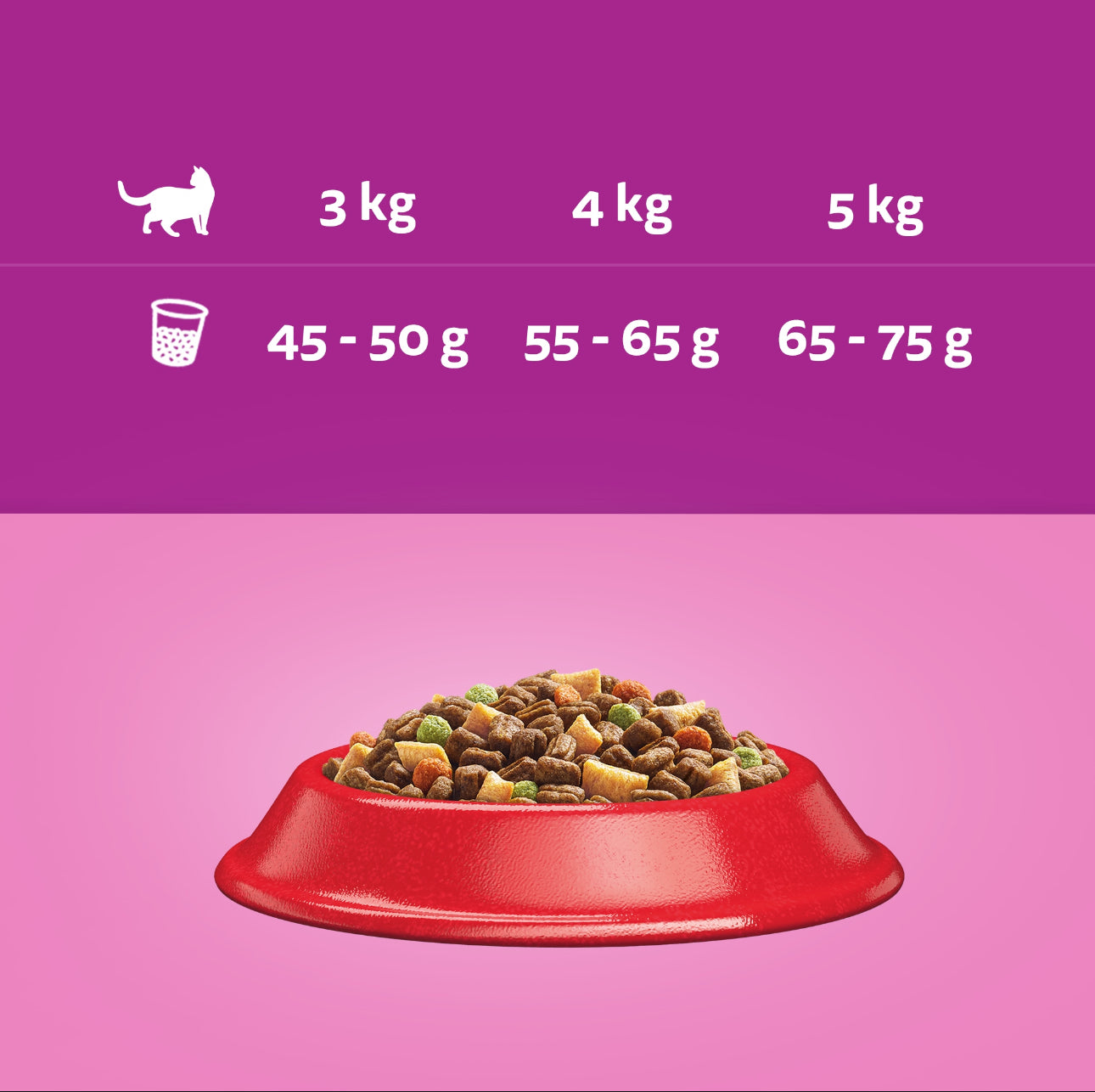 Whiskas tørrfôr for voksne katter med oksekjøtt – 14 kg – lilla sekk med rød matskål, rik på fiber og næringsstoffer