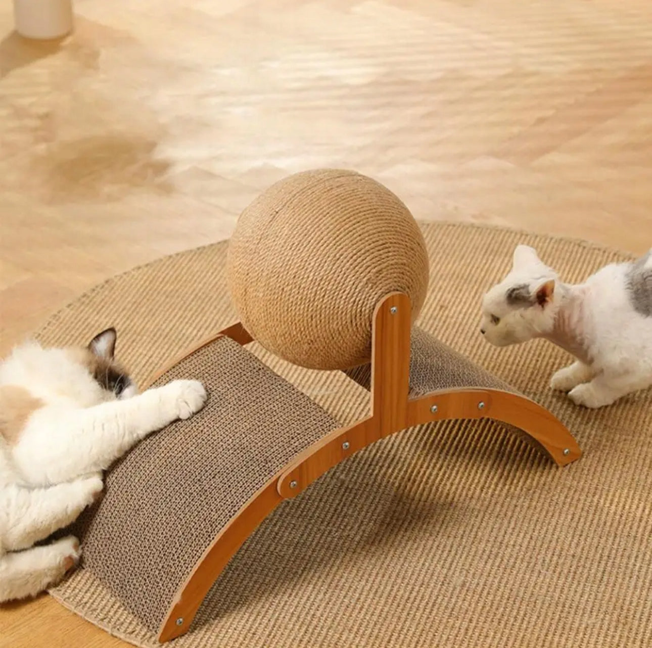 Naturlig kloremøbel for katt i tre og sisal – 55x40x23 cm – slitesterk sisalball og buet kloreflate i papp – brun/beige farge – stilrent design til hjemmet.