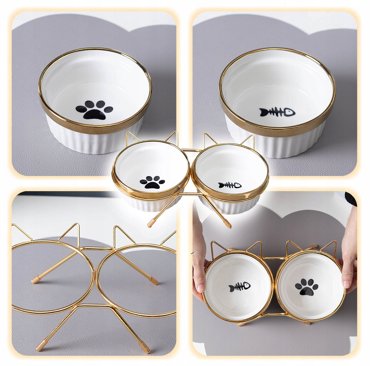 Dobbel matskål for katt og liten hund i hvit keramikk med gullkant og stativ i metall – 2 x 300 ml – 12 cm diameter – forhøyet design for bedre ergonomi og stilfull servering.