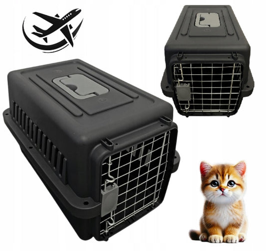Solid transportbur for katt og liten hund – svart/grafitt farge, størrelse 49x30x30 cm, laget av slitesterk plast og metallgitter – ideell for bil, tog og flyreiser.