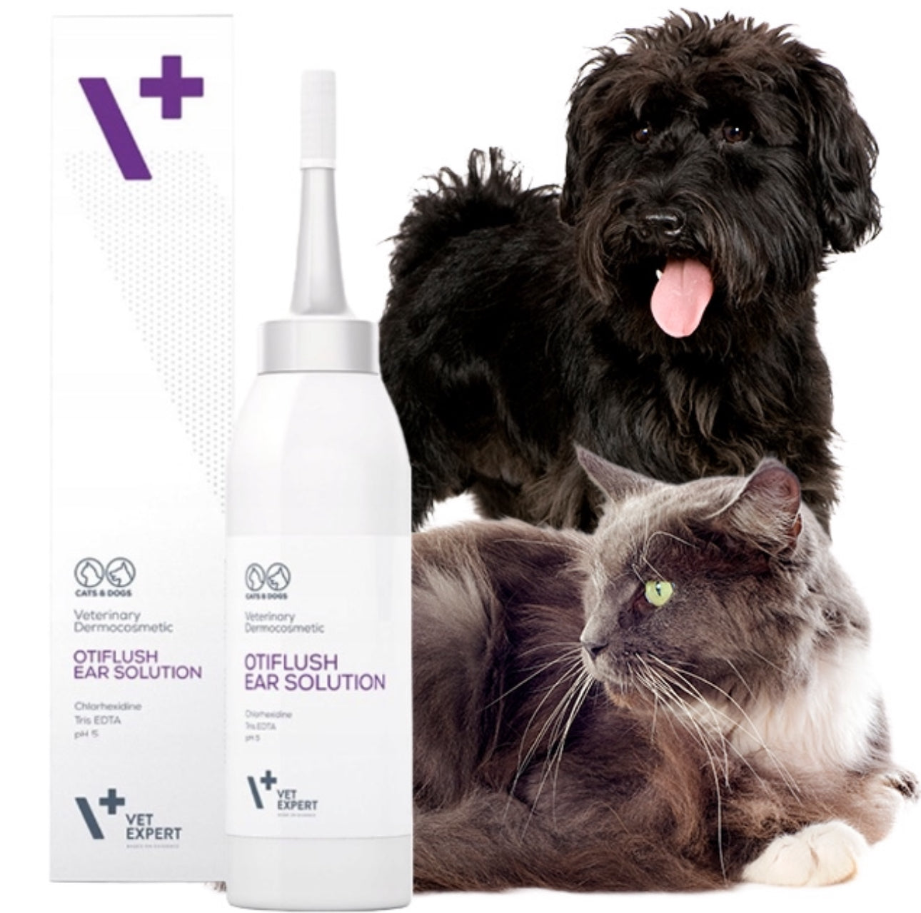 Vet Expert Otiflush ørerens for hund og katt – 125 ml hvit plastflaske – mild og effektiv ørevask med pH 5 og klorheksidin for daglig ørepleie