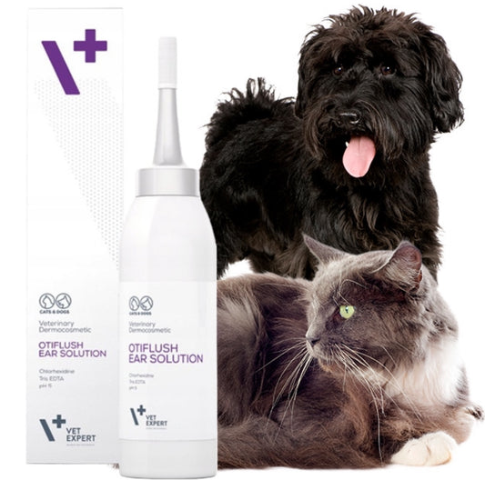 Vet Expert Otiflush ørerens for hund og katt – 125 ml hvit plastflaske – mild og effektiv ørevask med pH 5 og klorheksidin for daglig ørepleie