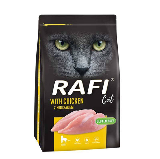RAFI tørrfôr med kylling for voksne katter, 7 kg – svart og gul pose med bilde av katt og fersk kylling, glutenfri og rik på protein