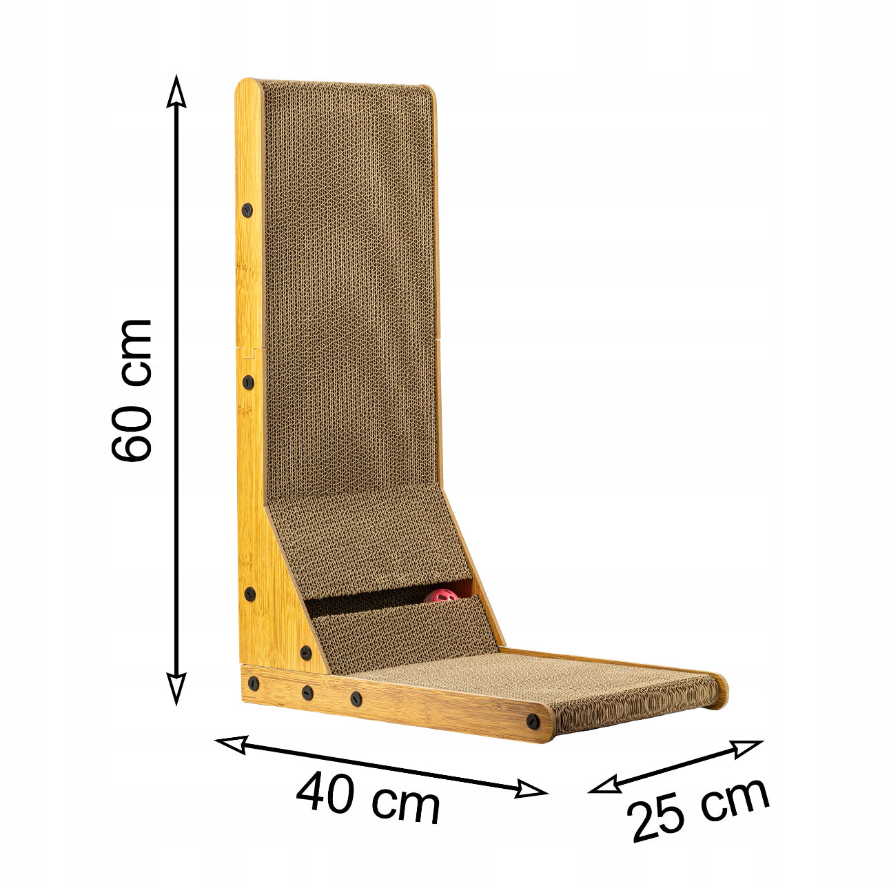 Stort klorestativ for katt – 60x40x25 cm – slitesterk brun pappflate og ramme i naturfarget treverk med innebygd leke-ball
