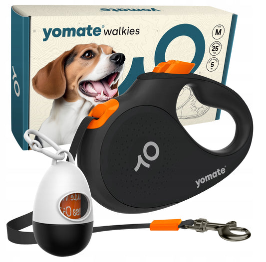 Automatisk hundebånd Yomate Walkies M, 5 meter, sort og oransje, nylonbånd og rustfri karabinkrok