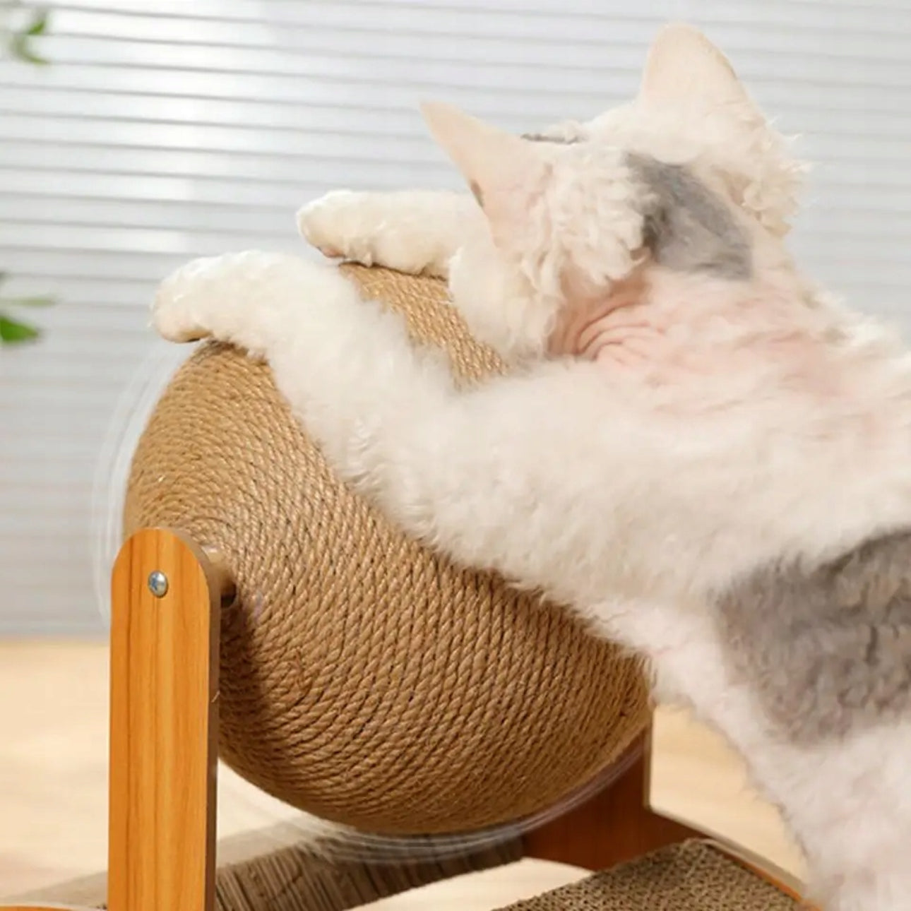 Naturlig kloremøbel for katt i tre og sisal – 55x40x23 cm – slitesterk sisalball og buet kloreflate i papp – brun/beige farge – stilrent design til hjemmet.