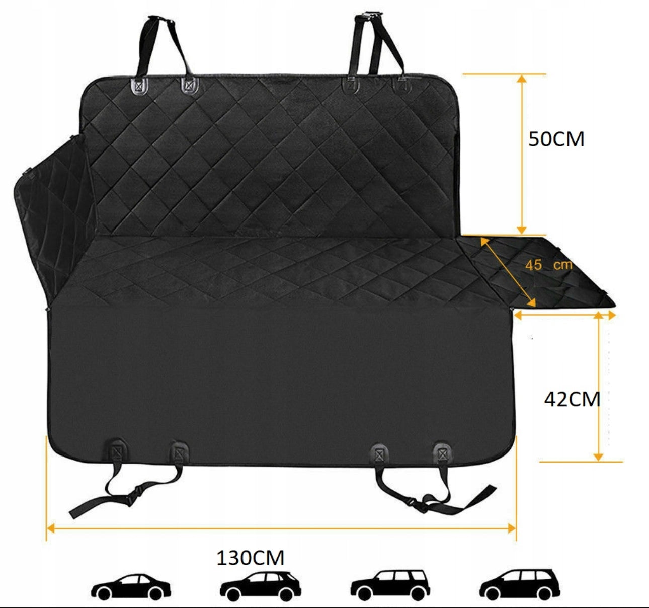 Vanntett bilsetebeskyttelse for hund – 130x137 cm, svart, slitesterk Oxford-polyester med antiskli bakside og sideklaffer for ekstra setebeskyttelse.