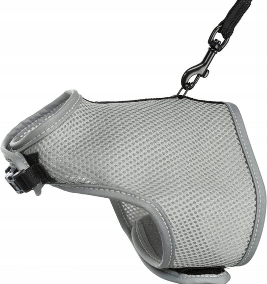 Justerbar kattesele i pustende mesh-polyester – grå farge, passer brystmål 24–42 cm – inkluderer 120 cm kobbel.