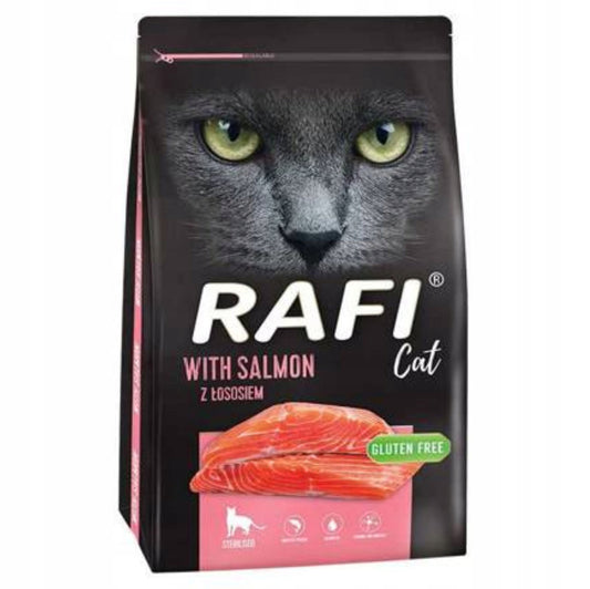 RAFI tørrfôr med laks til steriliserte katter – 7 kg pose i svart og rosa, glutenfri kattemat med høyt proteininnhold og naturlige ingredienser