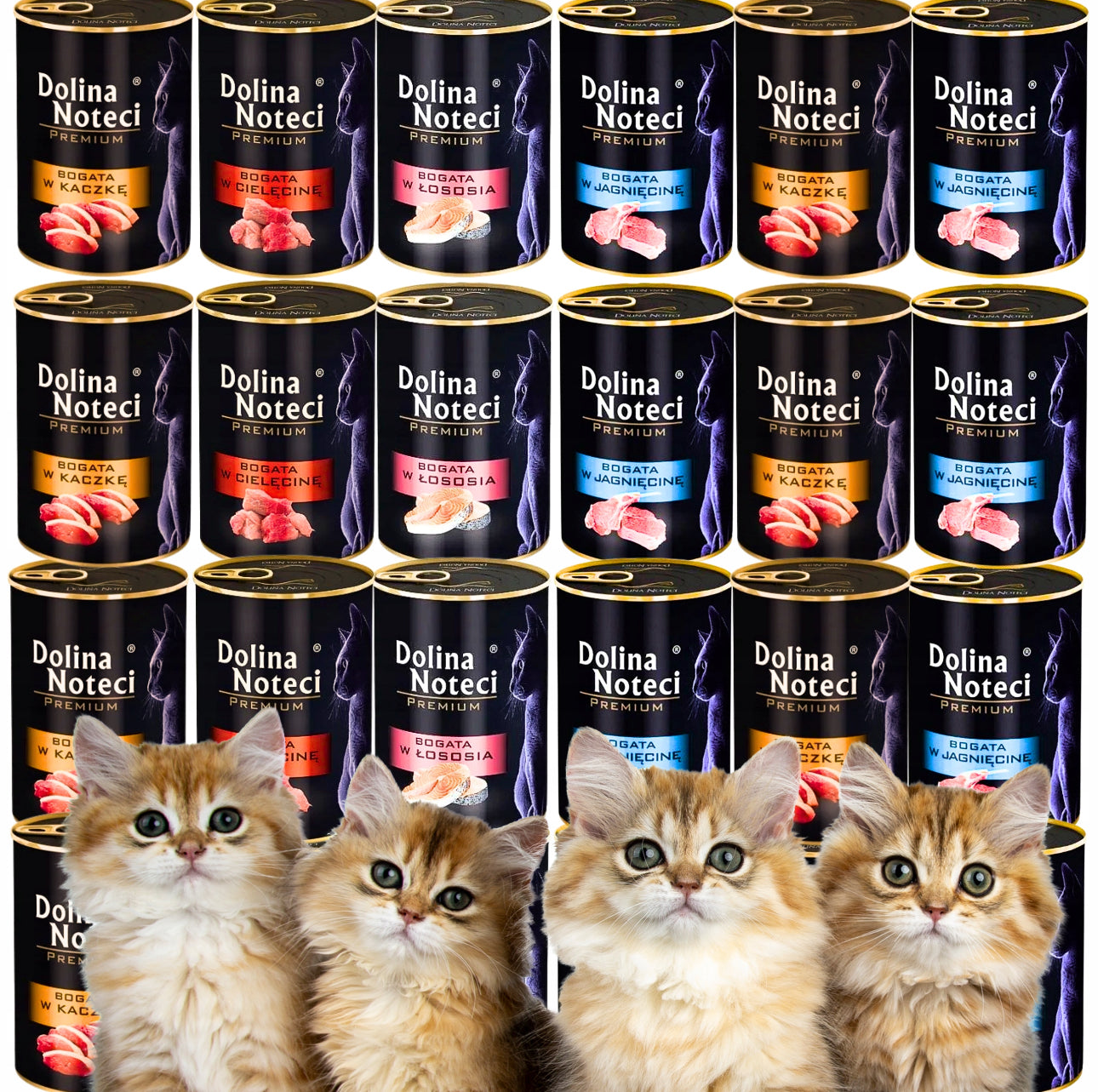 Dolina Noteci våtfôr til katt 24x400g – kornfri kattemat i blandede smaker (laks, kalv, and, lam) – proteinrik og naturlig fôr uten kunstige tilsetninger i sorte bokser.