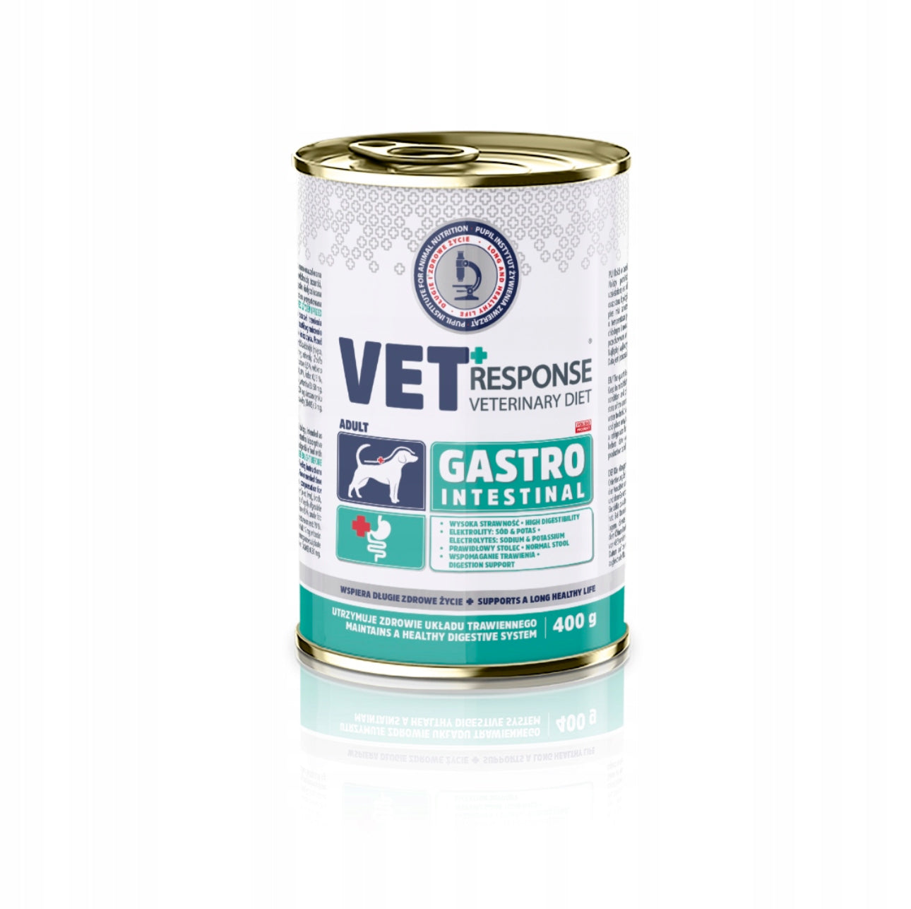 VET RESPONSE GASTROINTESTINAL våtfôr for hunder – 10 x 400 g. Skånsom, veterinæranbefalt hundemat for sensitiv mage og fordøyelsesproblemer. Hypoallergenisk, lettfordøyelig, med høykvalitets proteiner og prebiotika for optimal tarmhelse. Perfekt for hunder med diaré, oppkast eller matintoleranse.