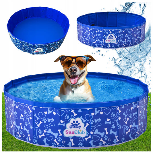 Sammenleggbart hundebasseng 80x20 cm i blå PVC med søtt labbemønster – slitesterkt og perfekt for sommerlek og avkjøling av kjæledyr.