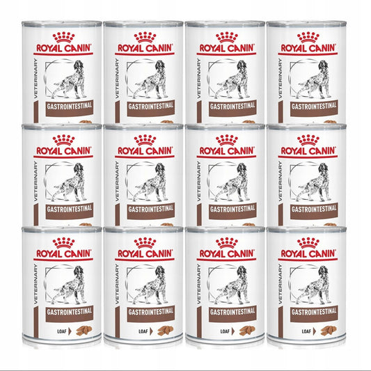 Royal Canin Gastrointestinal våtfôr 12x400g – spesialfôr for hunder med sensitiv mage. Komplett diettfôr med høy fordøyelighet, skånsomme ingredienser og prebiotika. Hvit og brun emballasje med Royal Canin-logo.