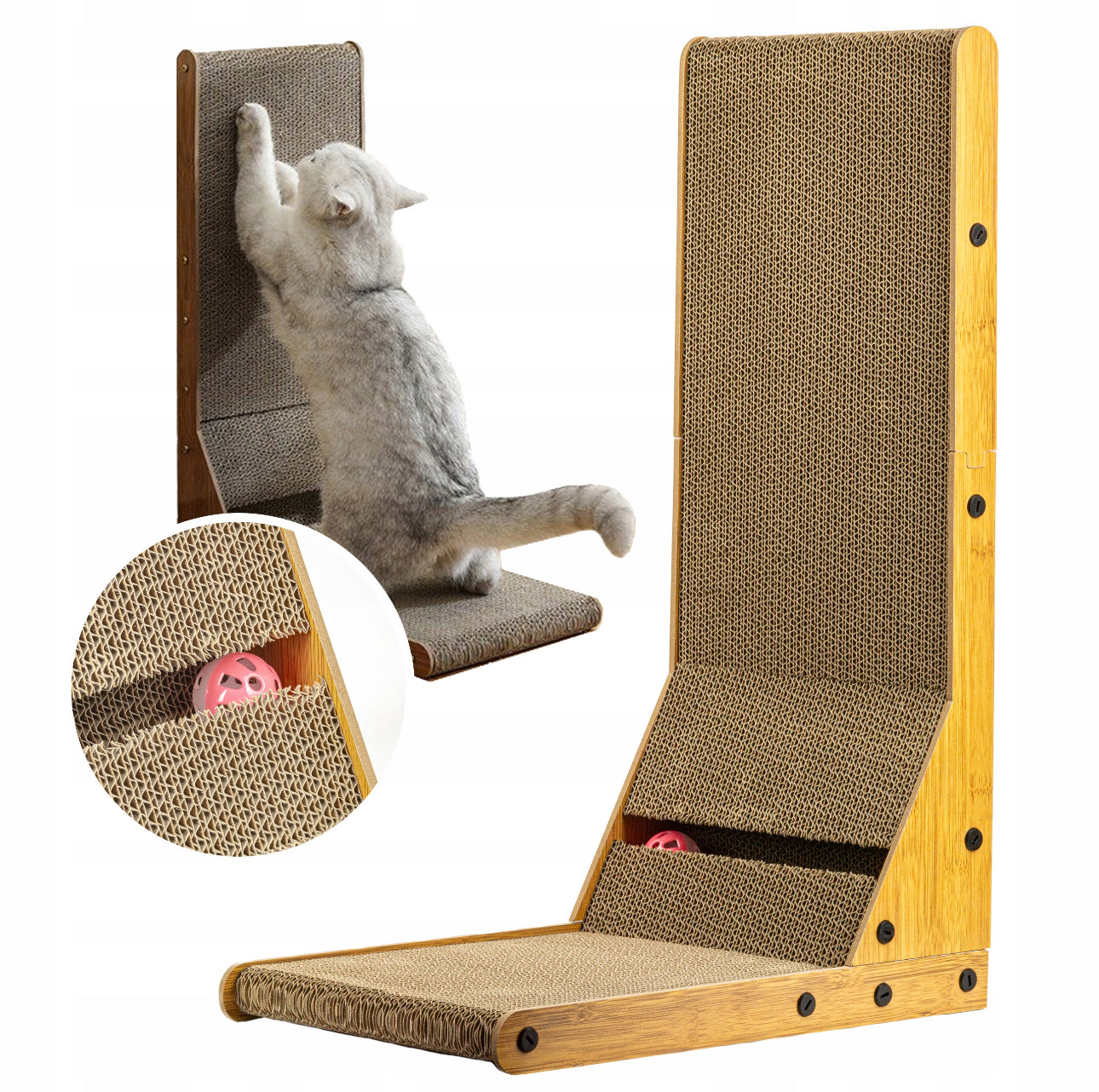 Stort klorestativ for katt – 60x40x25 cm – slitesterk brun pappflate og ramme i naturfarget treverk med innebygd leke-ball