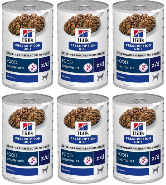 Hill’s Prescription Diet Z/D Food Sensitivities 6 x 370 g – hypoallergenisk våtfôr for hunder med matallergi og sensitiv mage. Kornfritt, inneholder hydrolysert protein for skånsom fordøyelse. Veterinæranbefalt spesialfôr.