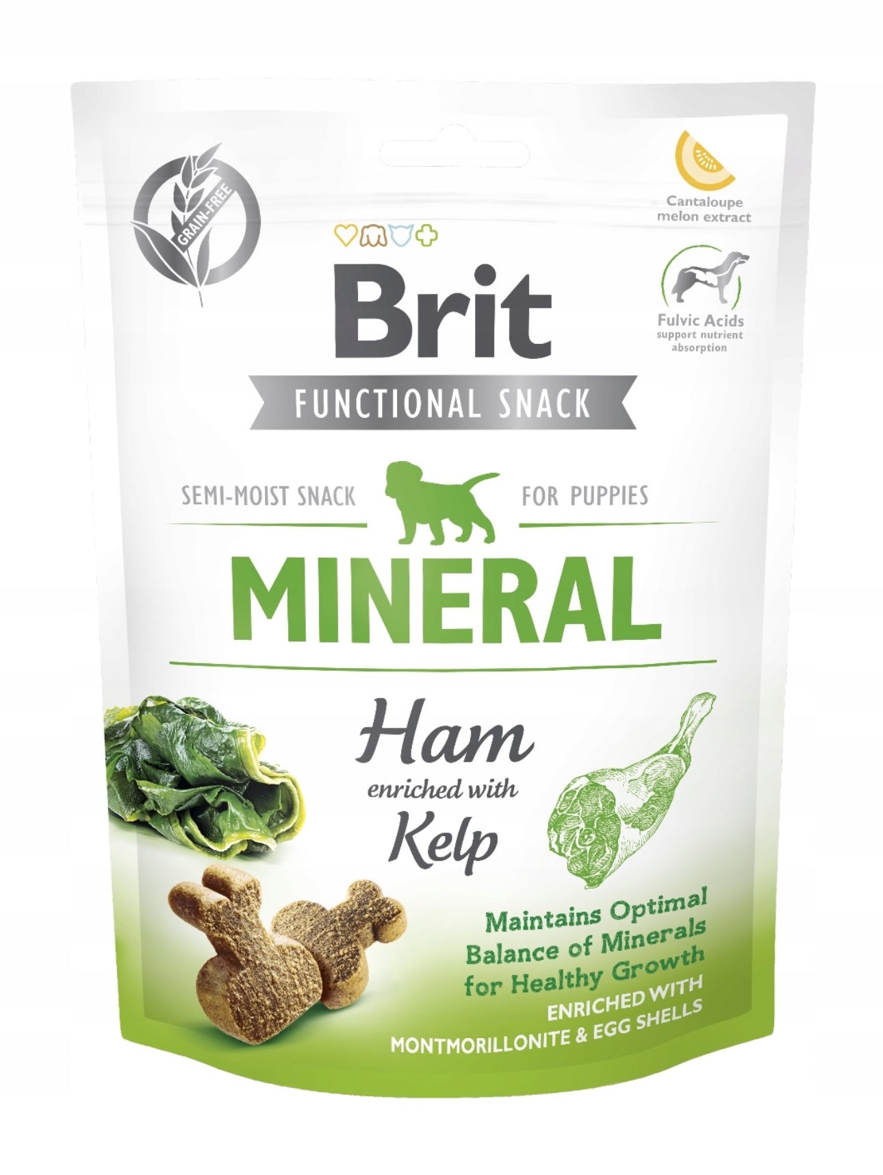 Brit Care Functional Snack Mineral Ham & Kelp 150g – Kornfri hundesnacks for valper. Halvmyke godbiter med skinke og kelp, beriket med mineraler, montmorillonitt og eggeskall for sunn vekst. Støtter sterk beinbygning og sunn pels. Farge: naturlig beige/brun. Perfekt treningssnacks for valper og unghunder!