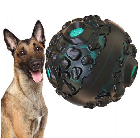 Giggle Ball interaktiv hundeleke – 12 cm, svart og grønn, slitesterk TPR-gummi. Perfekt for store og små hunder, lager morsomme lyder ved bevegelse, stimulerer lek og aktivitet. Ideell for apport og tyggeglede!