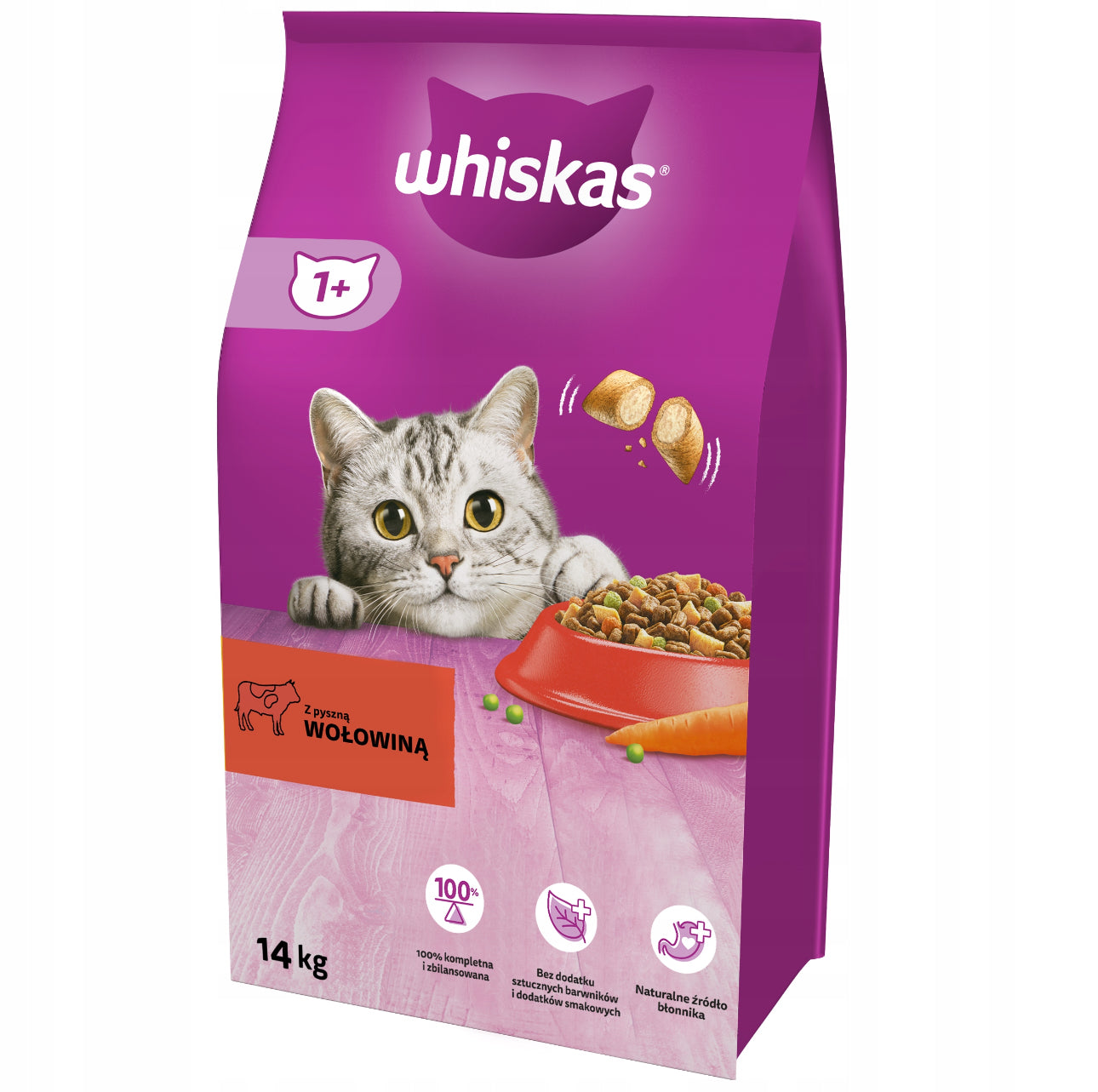 Whiskas tørrfôr for voksne katter med oksekjøtt – 14 kg – lilla sekk med rød matskål, rik på fiber og næringsstoffer