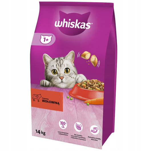 Whiskas tørrfôr for voksne katter med oksekjøtt – 14 kg – lilla sekk med rød matskål, rik på fiber og næringsstoffer